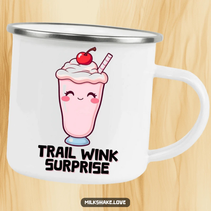 Funny Kawaii milkshake with a cherry on top, winking, on a sturdy camping mug for outdoor enjoyment and cheeky vibes.