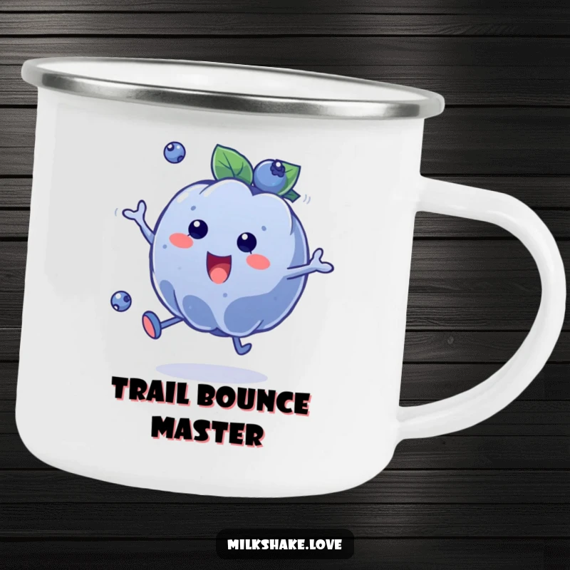 Funny Blueberry Bounce Camping Mug showing a plump blueberry character bouncing enthusiastically, perfect for enjoying drinks on the go.