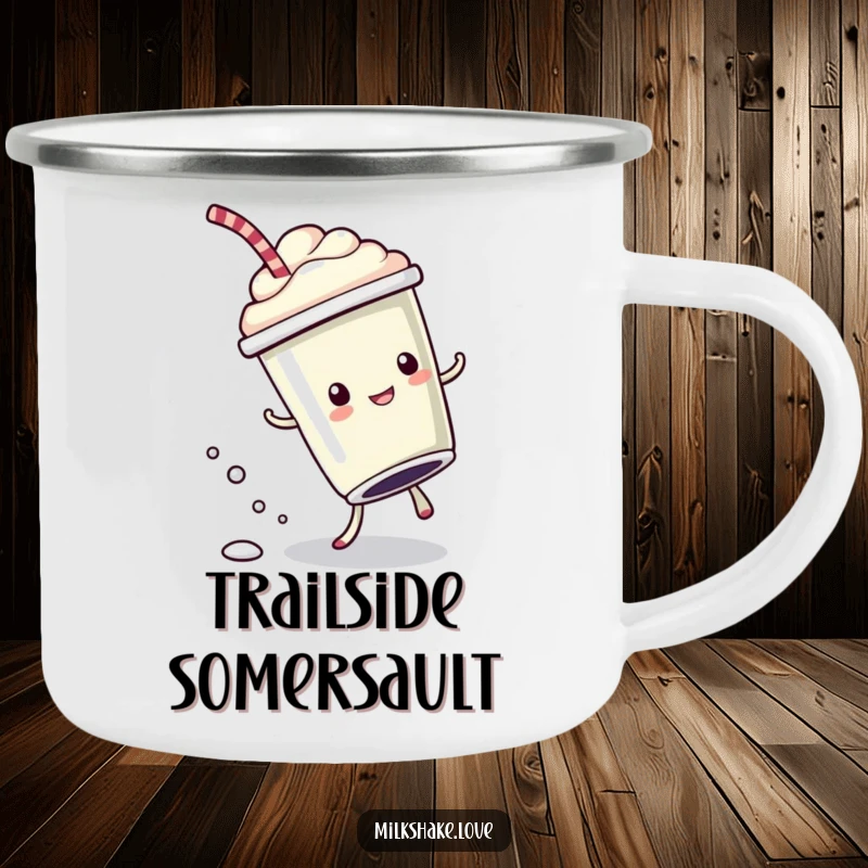 Funny Camping Mug with a kawaii milkshake cup doing a cartwheel with bubbly drops, ready for outdoor fun.