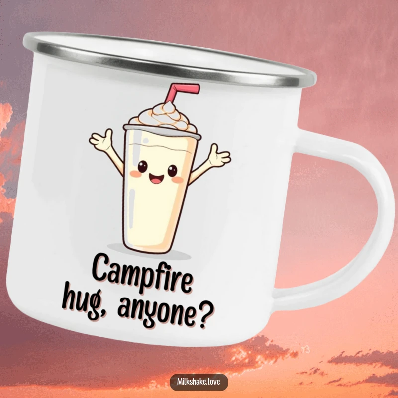 Funny enamel camping mug featuring a friendly milkshake character waving hello, perfect for cheerful outdoor drinks.