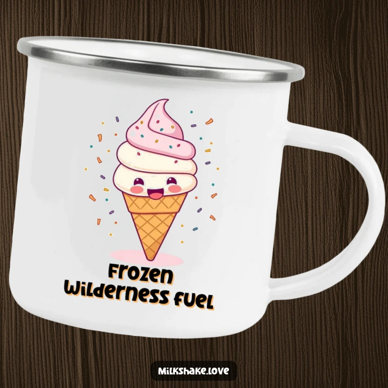 Funny camping mug featuring a happy ice cream cone spinning with sprinkles flying, ready for sweet outdoor fun.