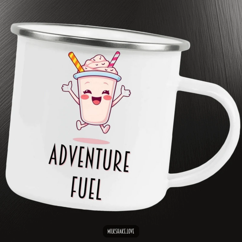 Funny Milkshake Cup Camping Mug, a jubilant cartoon character mid-leap, designed for adventure, bringing humor and cheer to your outdoor beverages.