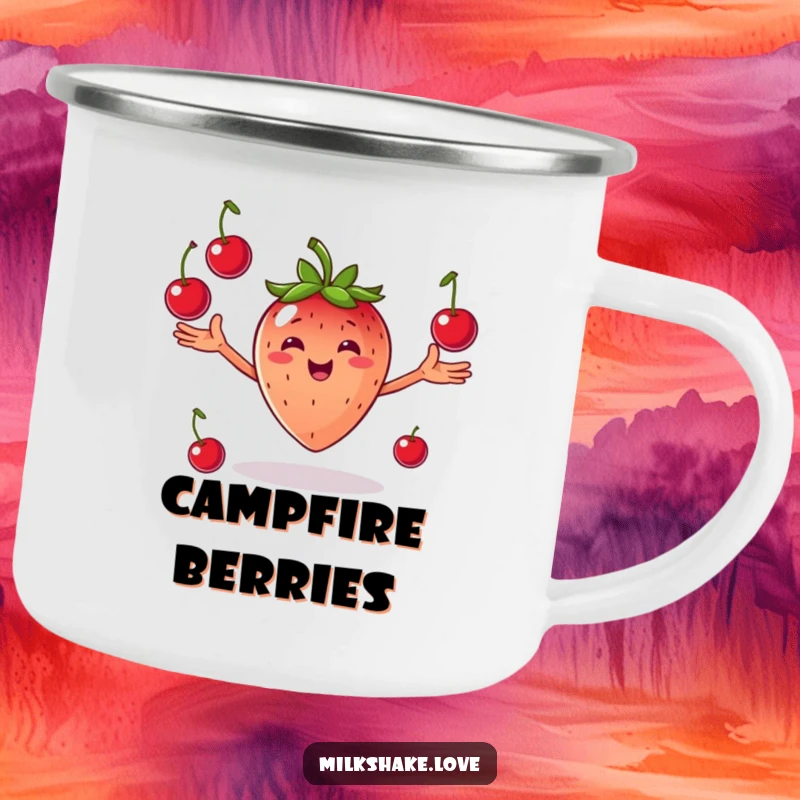 Funny Juggling Strawberry Camping Mug: A smiling strawberry with arms outstretched joyfully juggling cherries, perfect for campers.