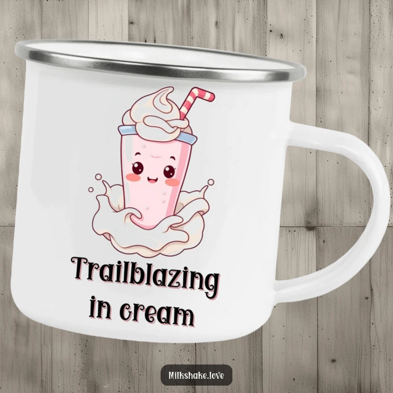 Funny Camping Mug featuring a cheerful Kawaii milkshake character happily splashing through whipped cream, perfect for outdoor drinks.