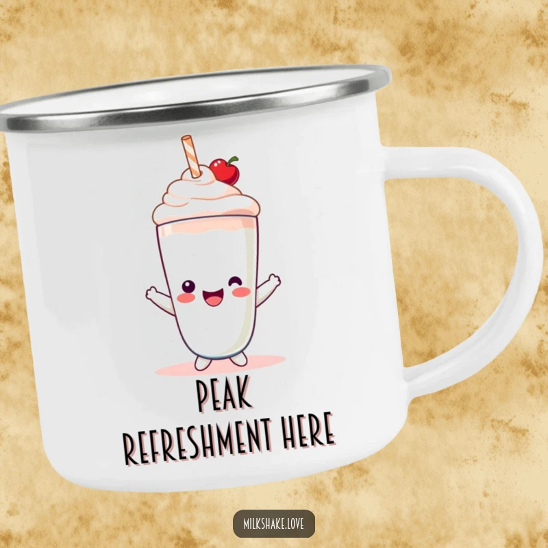 Funny Camping Mug featuring a cheerful Kawaii milkshake character wearing a cherry hat, perfect for enjoying drinks outdoors.