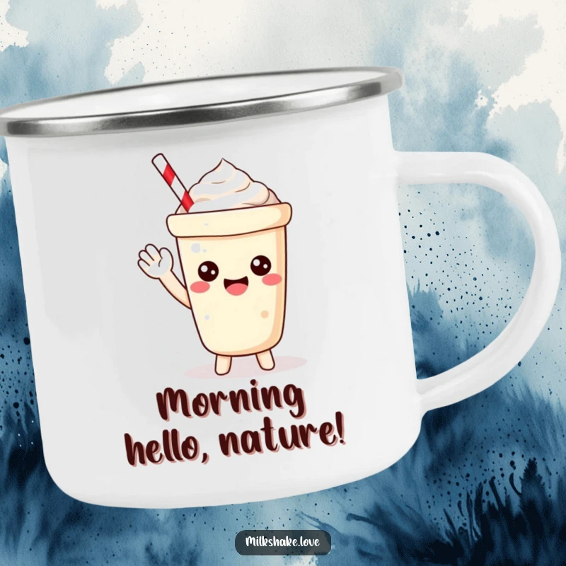 Funny Camping Mug featuring a petite Kawaii milkshake happily waving hello, ready for outdoor fun and smiles.
