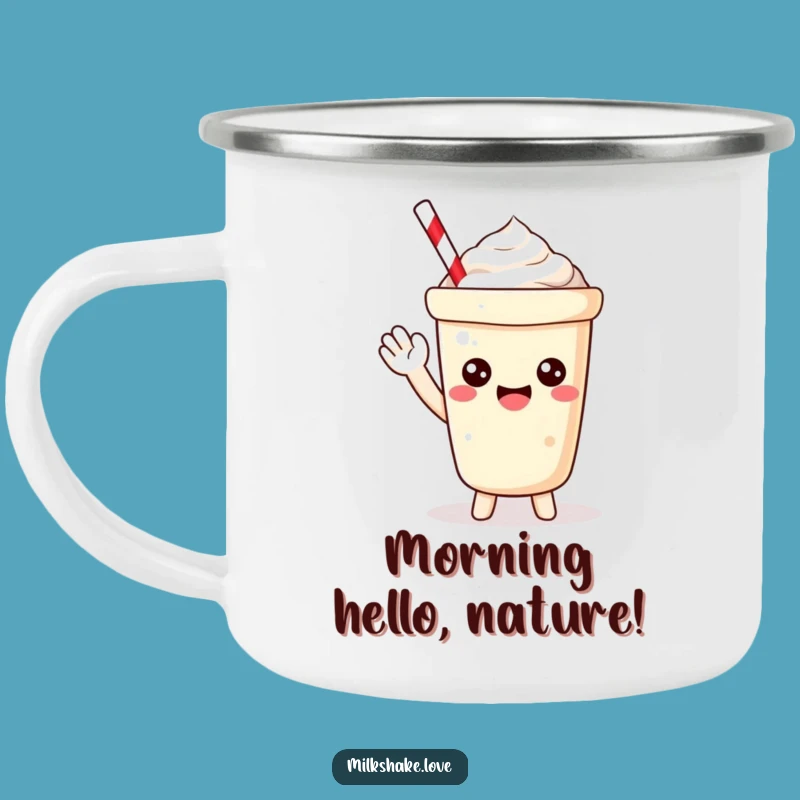 Funny Kawaii Milkshake Camping Mug: Waving Adventure Buddy, Perfect Happy Gift