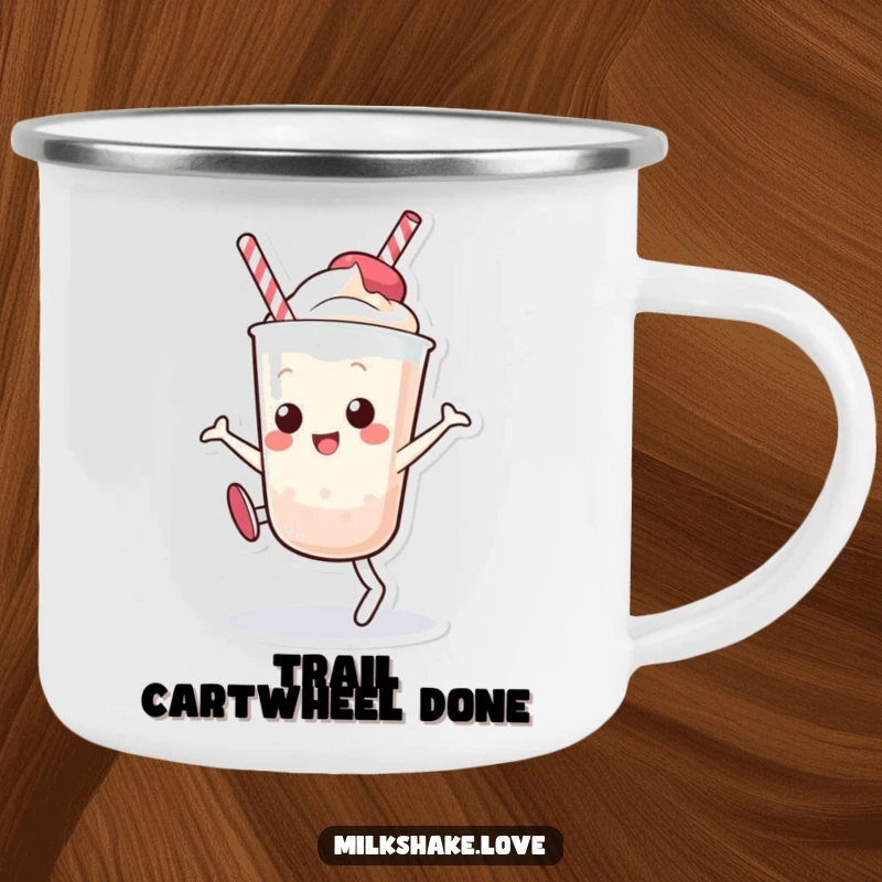 Funny Kawaii Milkshake Camping Mug: A rugged mug with a cartoon milkshake character doing a cartwheel, ideal for outdoor adventures.