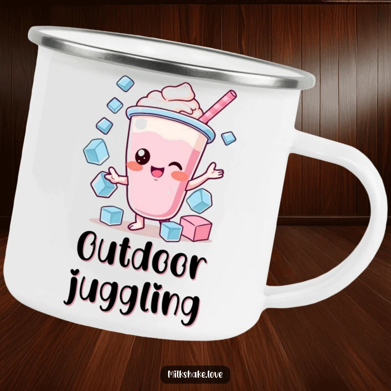 Funny Kawaii Milkshake Camping Mug: A kawaii milkshake character juggling ice cubes, perfect for outdoor fun and humor.