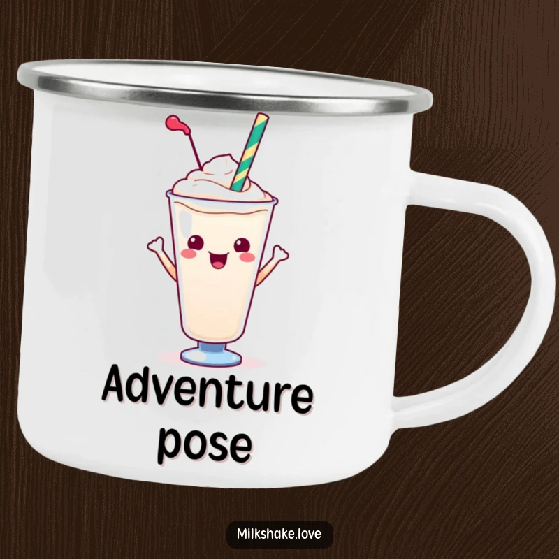 Funny Kawaii Milkshake Camping Mug: A posy kawaii milkshake with a straw, perfect for outdoor trips and humor.