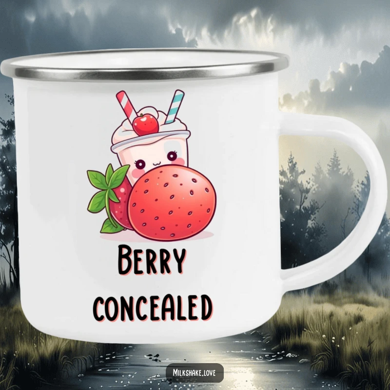 Funny Kawaii milkshake character hiding behind a giant strawberry on a durable camping mug, for outdoor fun.
