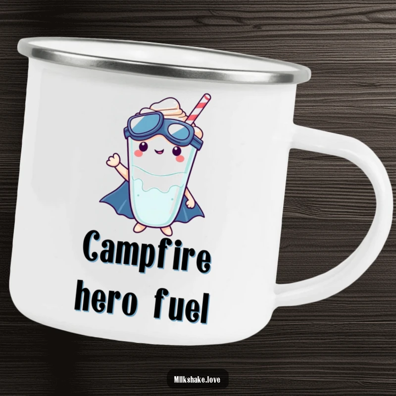 Kawaii milkshake character as a superhero, designed for durable camping use.