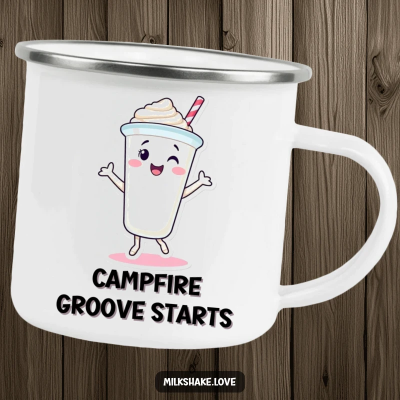Funny Milkshake Cup Camping Mug featuring a smiling milkshake character dancing joyfully. Perfect for outdoor fun with a sweet, humorous vibe.