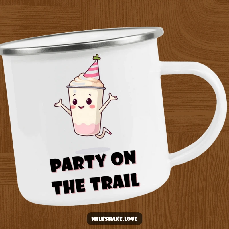 Funny Milkshake Cup Camping Mug featuring a milkshake character in a party hat doing a cartwheel. Perfect for outdoor celebrations with humor.