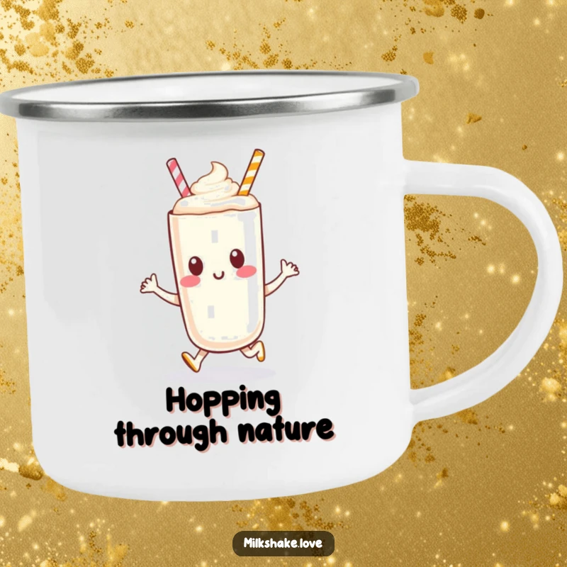 An anthropomorphic milkshake character doing a happy little hop, printed on a rugged camping mug for energetic adventures.
