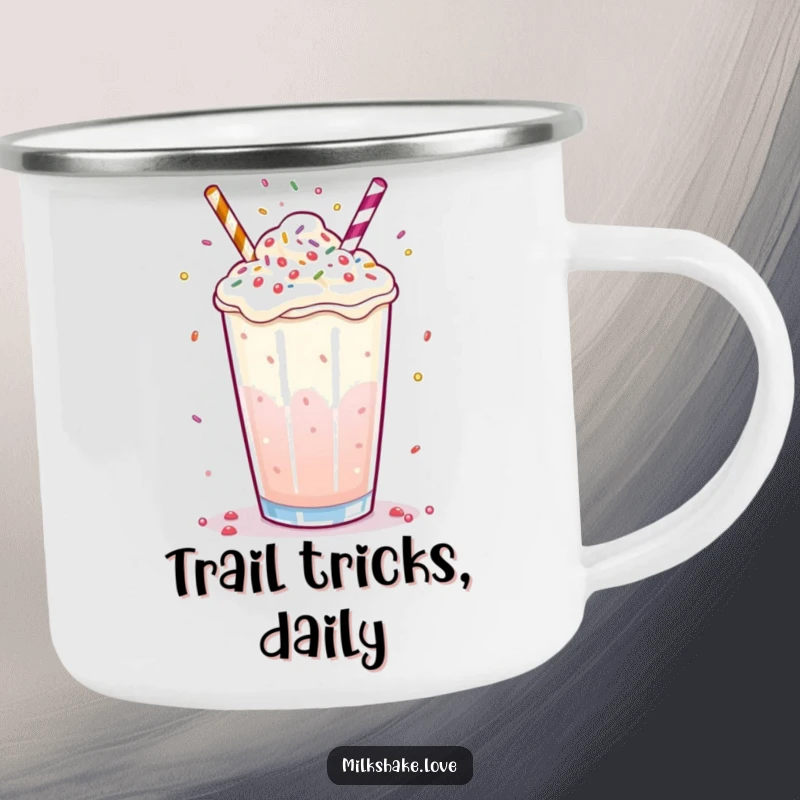 Funny milkshake camping mug with a bubbly drink juggling tiny sprinkles with its surface, ideal for outdoor fun.