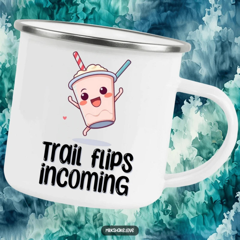 Funny Milkshake Somersault Camping Mug with a cute anthropomorphic milkshake cup performing a fun somersault, perfect for outdoor enjoyment.
