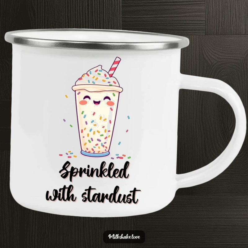 Funny Camping Mug: A durable mug with a happy milkshake cup and colorful sprinkles, perfect for sweet sips outdoors.