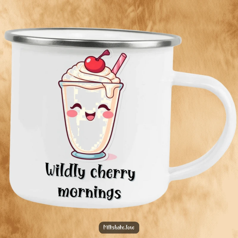 Funny Camping Mug: A durable mug with a winking milkshake cup character and a cherry on top, perfect for outdoor charm.