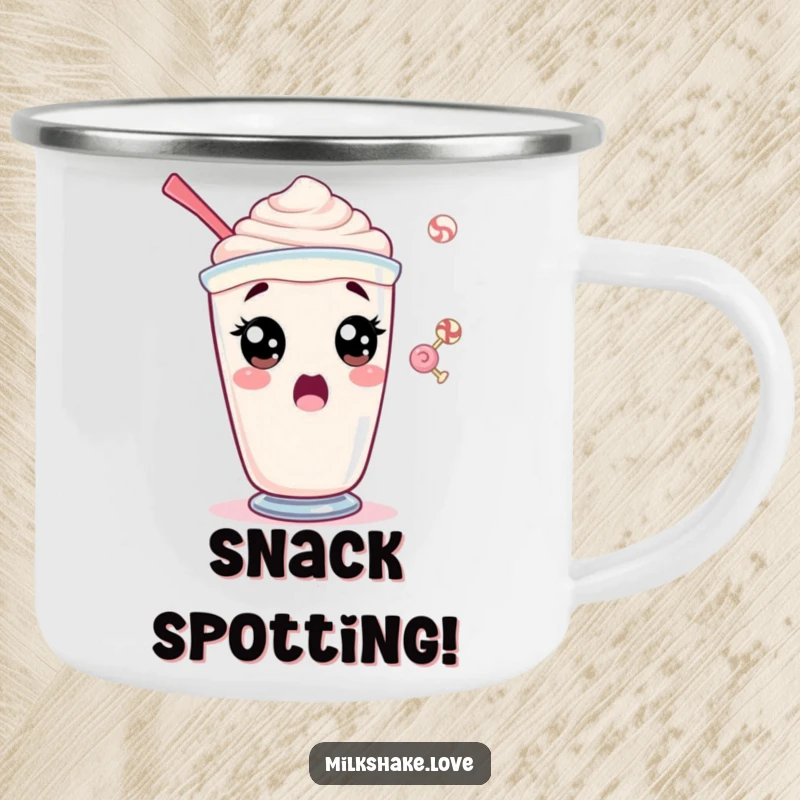 Funny camping mug with a surprised milkshake character looking shocked as a candy floats by.