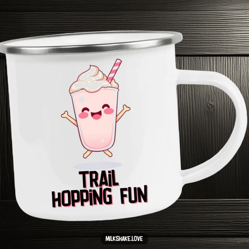 Funny Kawaii milkshake character doing a happy bounce on a durable camping mug, ready for outdoor fun.