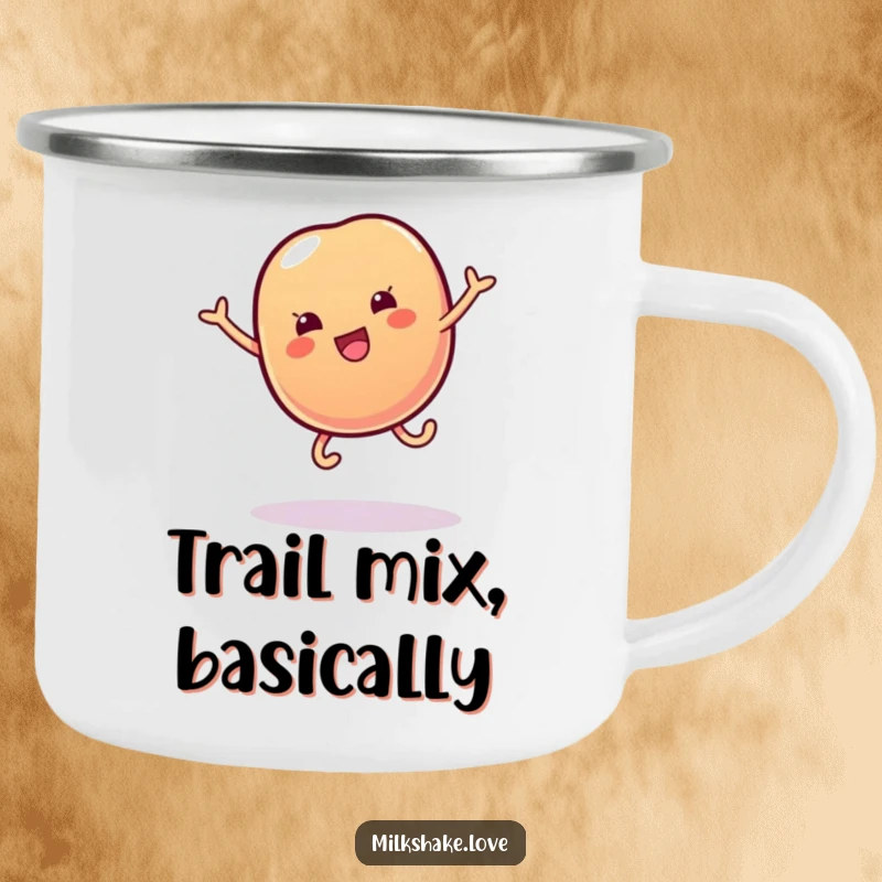 Funny camping mug featuring a wobbly jelly bean with small legs doing a cartwheel, ready for sweet outdoor fun.