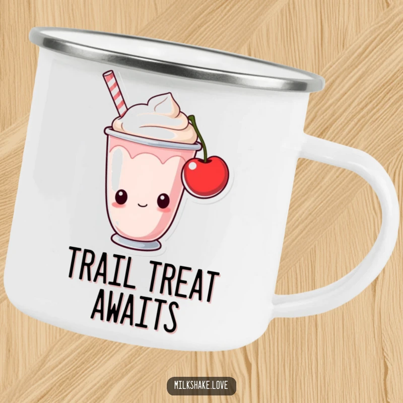 Funny milkshake cup with curious eyes looking at a cherry. Sturdy camping mug for humorous dessert lovers.
