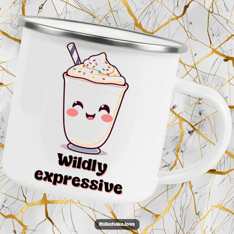 Funny Kawaii milkshake character making a funny face with sprinkles on a durable camping mug, for outdoor laughs.