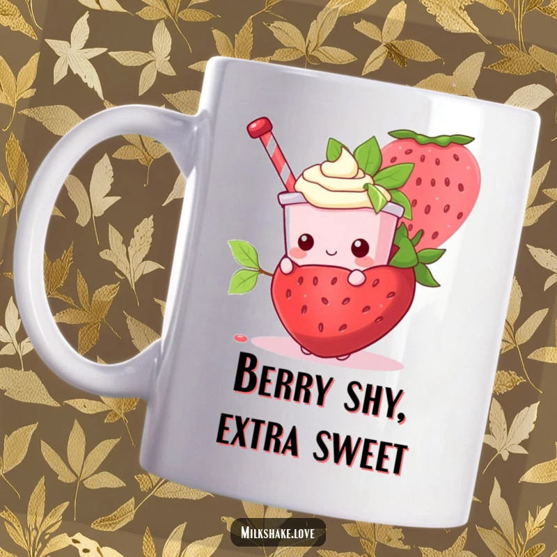 Funny Kawaii Milkshake character peeking playfully from behind a huge, ripe strawberry on a cute mug.