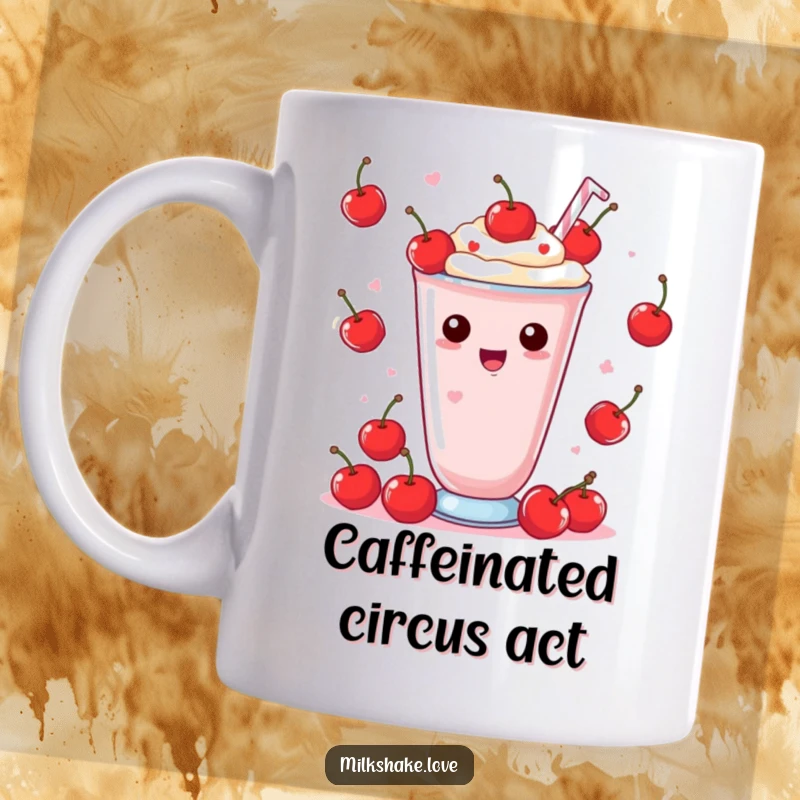 Funny Mug with a Kawaii milkshake gleefully juggling small red cherry toppings, showcasing a happy and skillful expression.