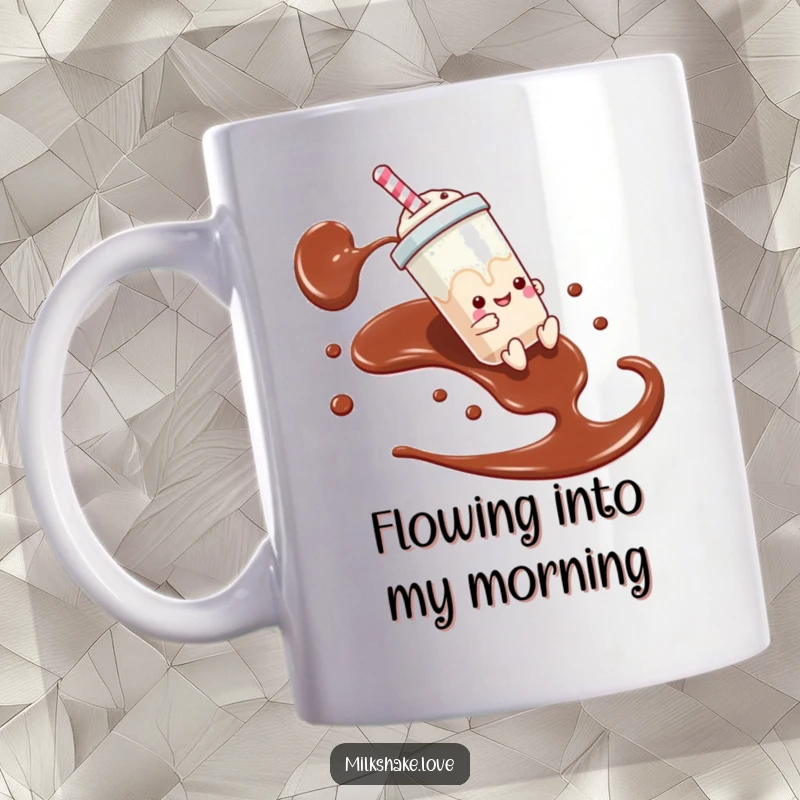 Funny ceramic mug depicting a happy milkshake character joyfully sliding down a stream of chocolate syrup, embodying sweet adventure.
