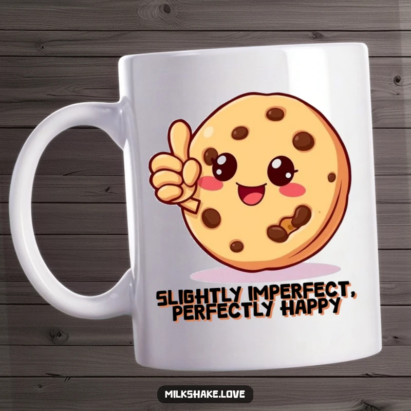 Funny, cheerful cookie character giving a thumbs up with a noticeable crumb missing, featured on a mug.