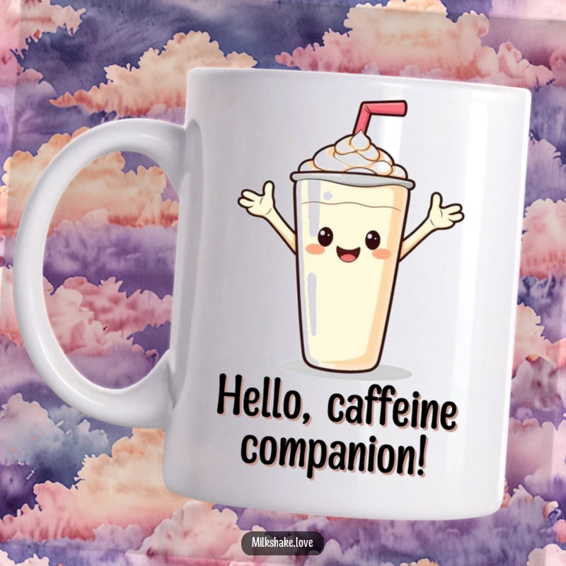 Funny ceramic mug featuring a happy milkshake character with outstretched arms giving a friendly wave, embodying welcoming cheer.