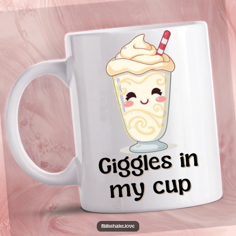 Funny Milkshake Mug featuring a giggling character with mesmerizing swirling patterns and a bubbly, cheerful demeanor, radiating pure fun.