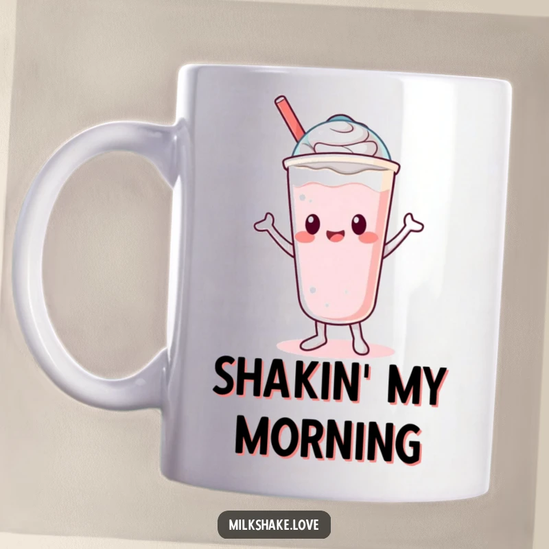 Funny Kawaii Milkshake Mug featuring a cute character doing a silly dance with its lid on, full of energetic fun.
