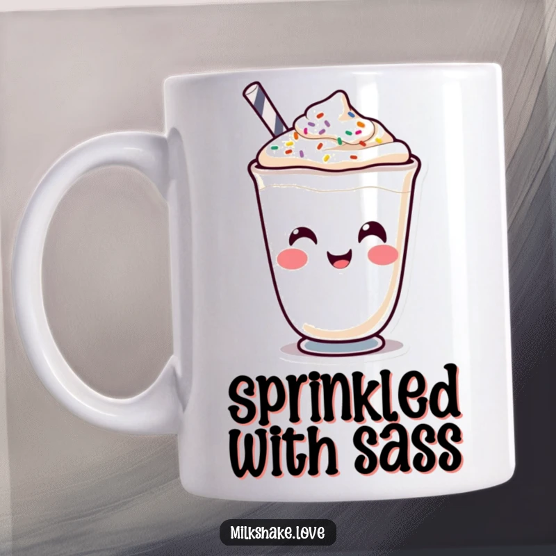 Funny Kawaii milkshake character making a comical face using its colorful sprinkles on a mug.
