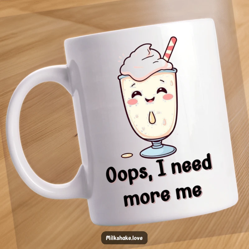 Funny Kawaii Milkshake Mug, a giggling character spills a tiny drop, cute and adorable, perfect for gifting.