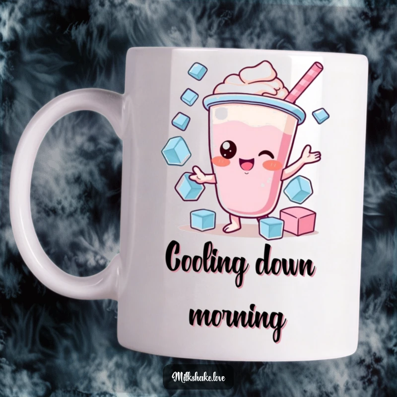 Funny Kawaii Milkshake Mug: A kawaii milkshake character expertly juggling ice cubes, showcasing skill and humor.