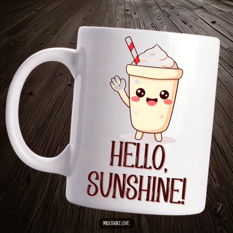 Funny Mug featuring a petite Kawaii milkshake with a happy, bubbly expression waving hello with a joyful smile.
