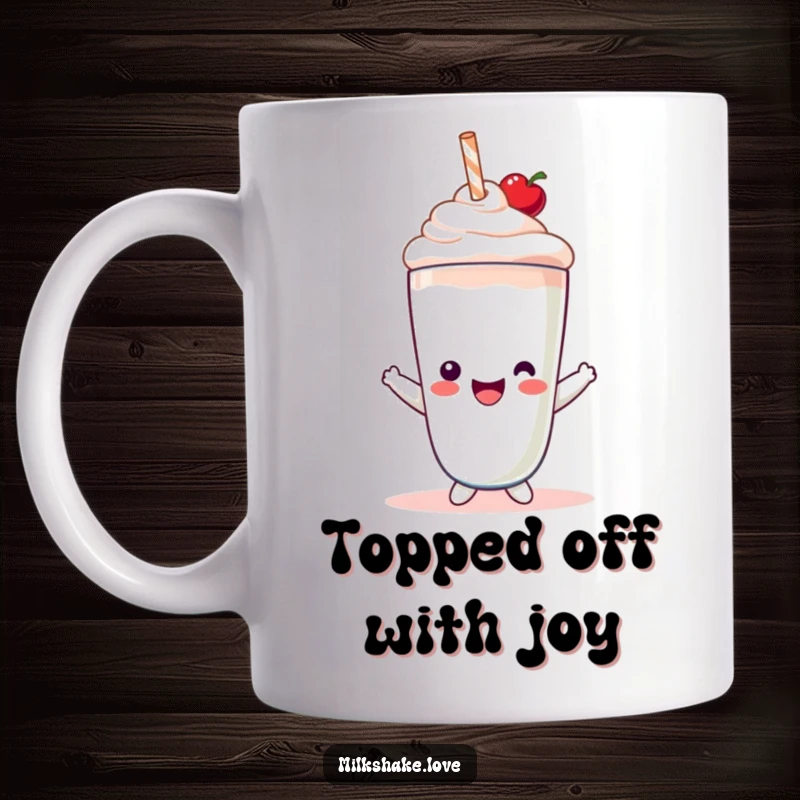 Funny Kawaii Milkshake Mug showing a cute character wearing a tiny red cherry hat with a joyful expression.