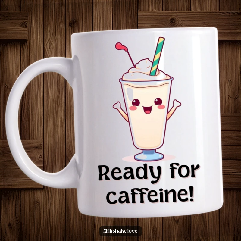 Funny Kawaii Milkshake Mug: A kawaii milkshake character in a fun pose with a colorful straw, radiating joy.