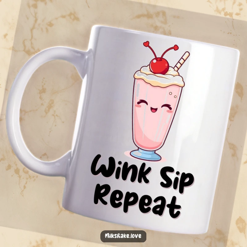 Funny Kawaii milkshake mug, a cute character winking with a cherry on top, adding a playful touch.