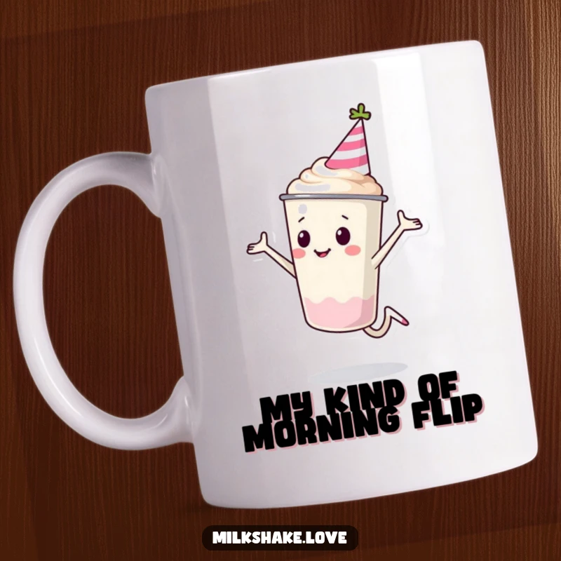 Funny Milkshake Cup Mug featuring a character in a party hat doing a cartwheel, full of playful celebration.