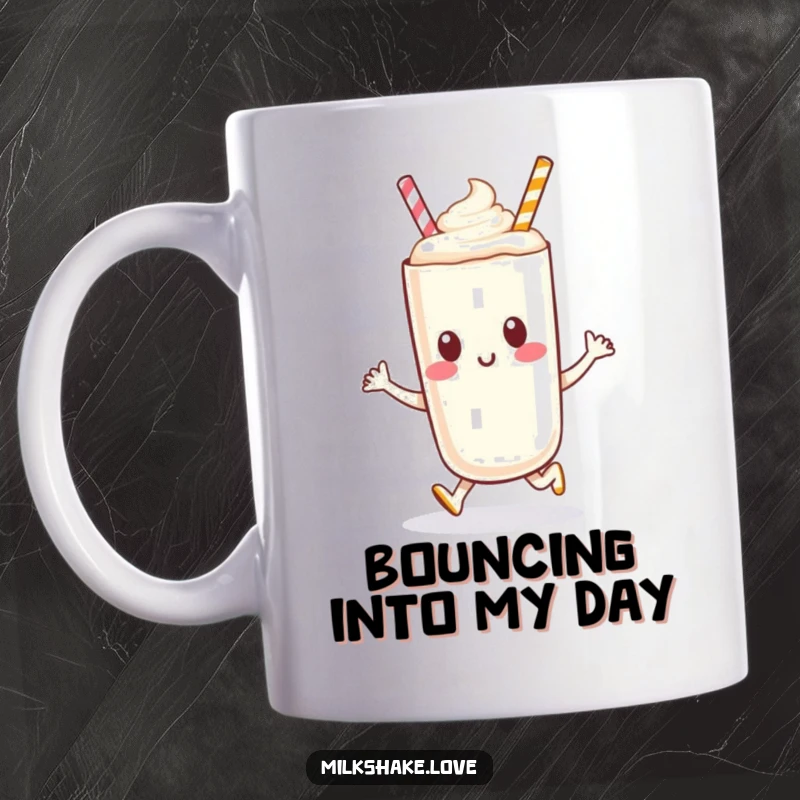 Funny anthropomorphic milkshake character joyfully doing a little hop, printed on a ceramic mug.