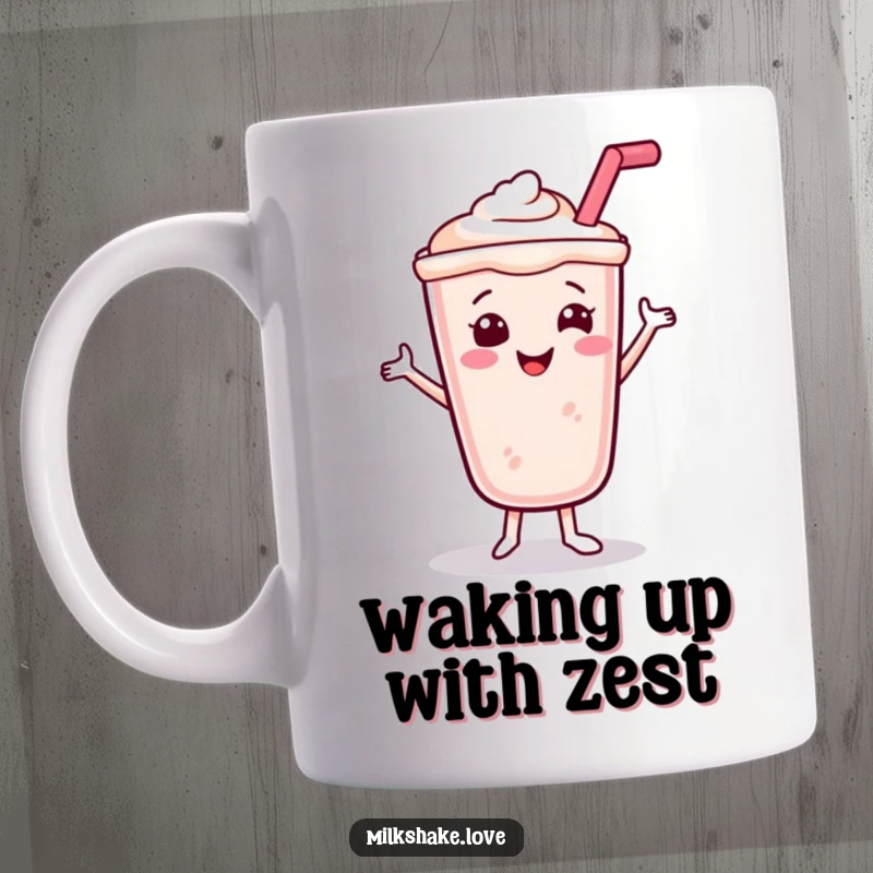 Funny Smiling Milkshake Mug showing a happy milkshake with a straw dancing joyfully, a perfect humorous gift for dessert lovers.