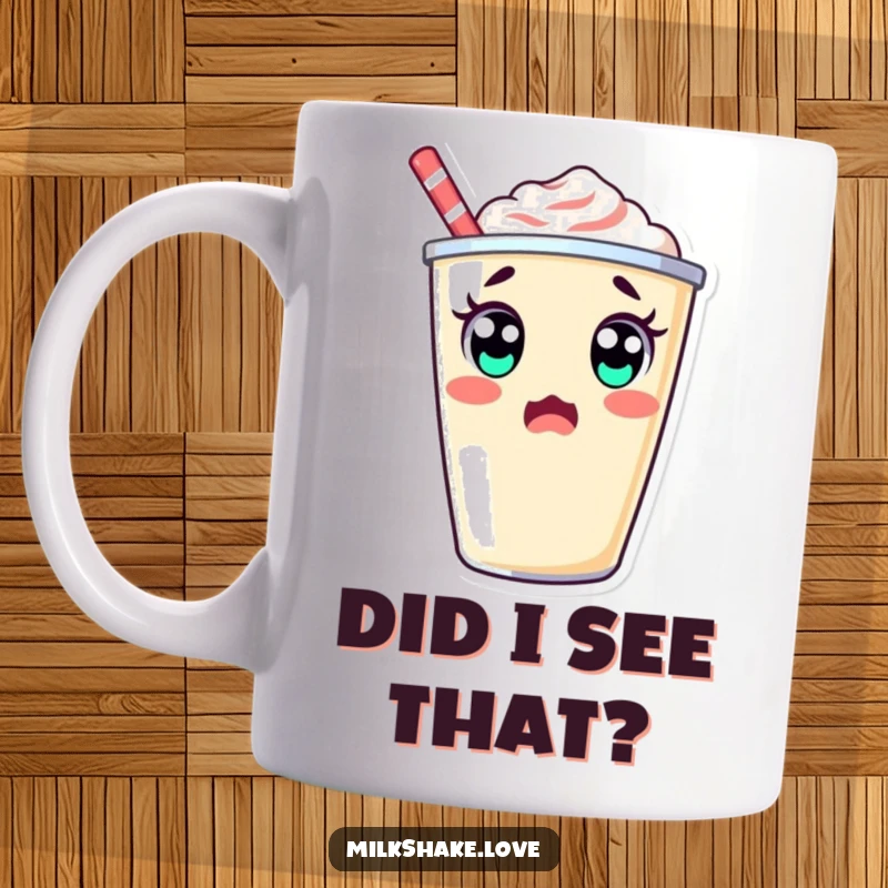 Surprised kawaii milkshake cup with big eyes doing a silly double take, a funny gift mug.