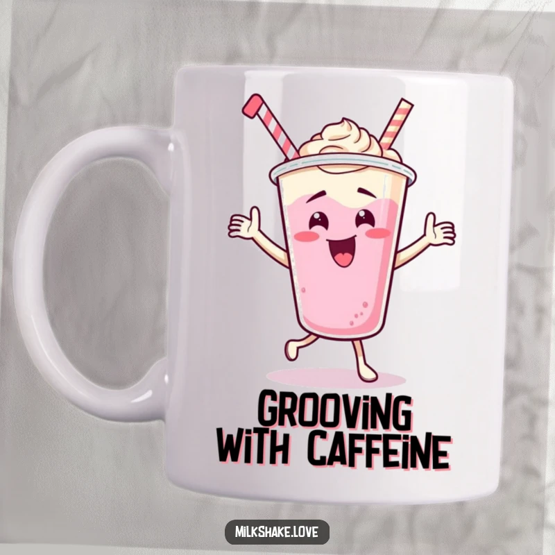 Funny Dancing Milkshake Cup Mug, a cartoon character in a silly, energetic dance pose, radiating pure joy and rhythm, perfect for happy sips.