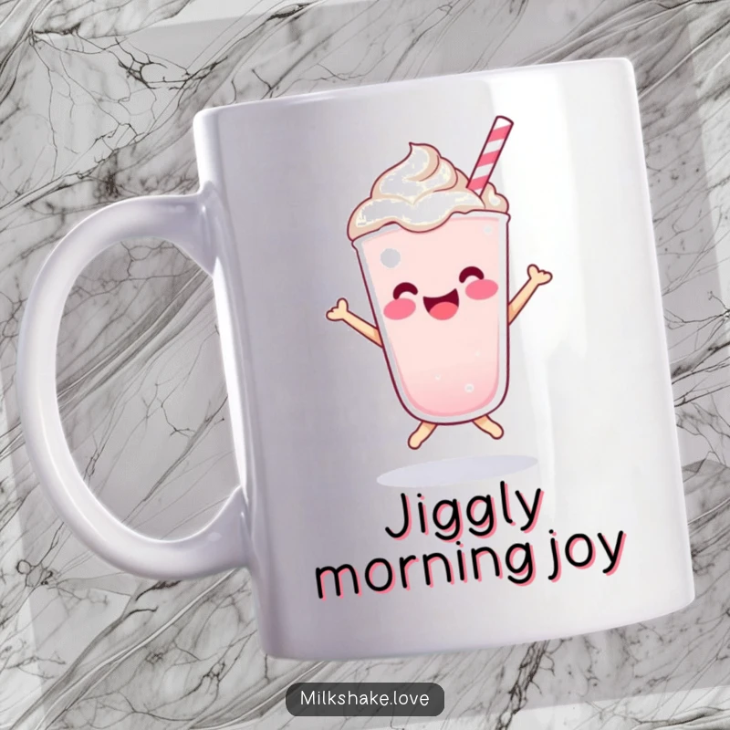 Funny Kawaii milkshake character joyfully doing a happy little bounce, its sprinkles flying, on a mug.