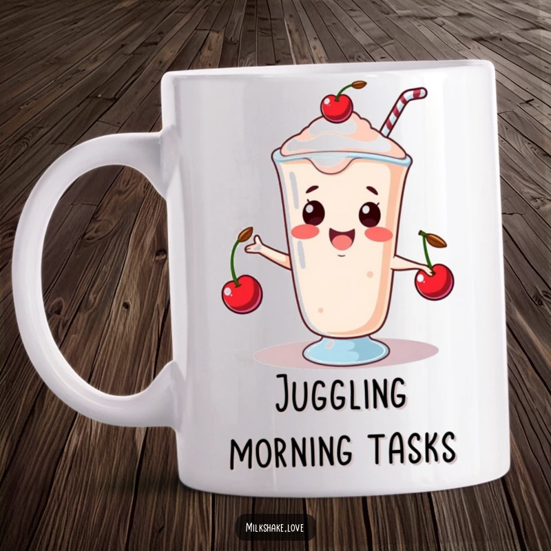 Funny Mug with a happy kawaii milkshake juggling three tiny cherries, radiating joy and playful talent.