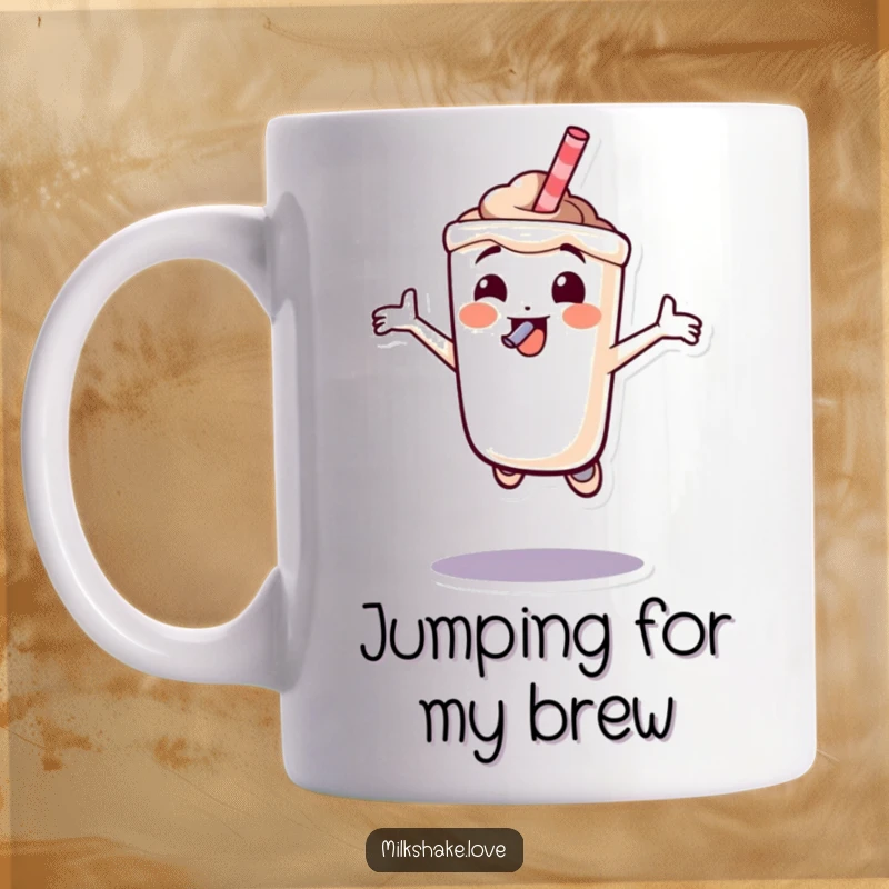 Funny milkshake character joyfully jumping high in the air with a straw in its mouth, conveying pure excitement on a ceramic mug.